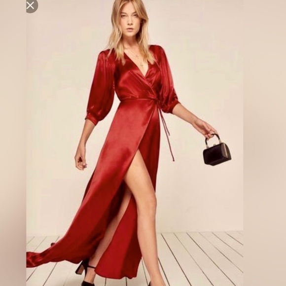 Reformation Dresses & Skirts - REFORMATION Red Silk Olivine Wrap Maxi Dress small